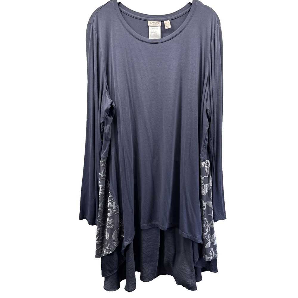 LOGO Lori Goldstein Women's Tunic Top Size XL Blue Lace Inserts Bohemian Stretch